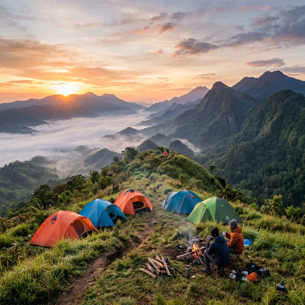 Mountain campsite with colorful tents at sunrise and two people near a campfire